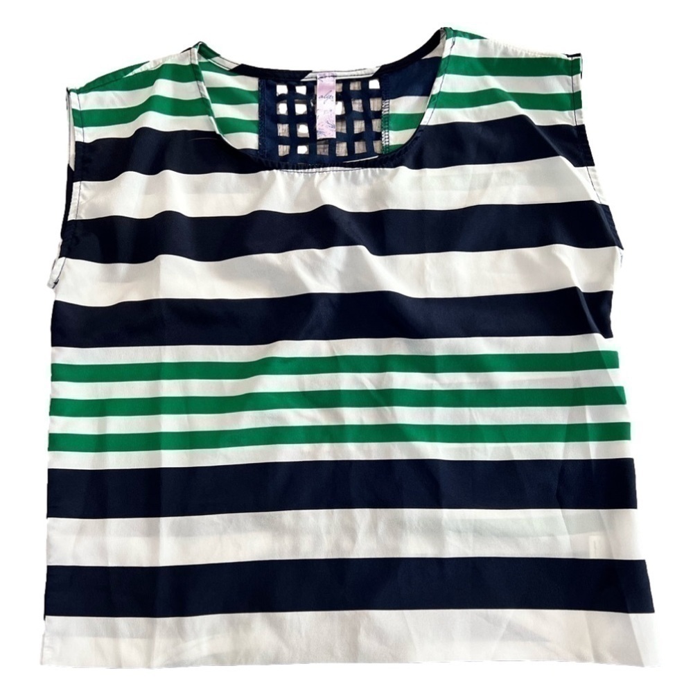 alya Green, White, and Navy Cap Sleeved Blouse w/ Open Lattice Back Detail Sz M